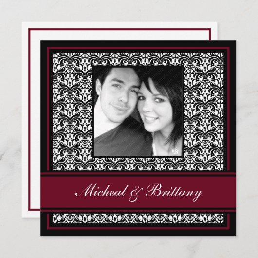 ワインレッドのダマスク織 結婚・婚約発表 案内状 (正面/裏面)