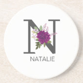 ワインレッドのダリアの花のアルファベット文字のモノグラム   コースター (正面)