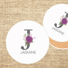 ワインレッドのダリアの花のアルファベット文字のモノグラム   コースター