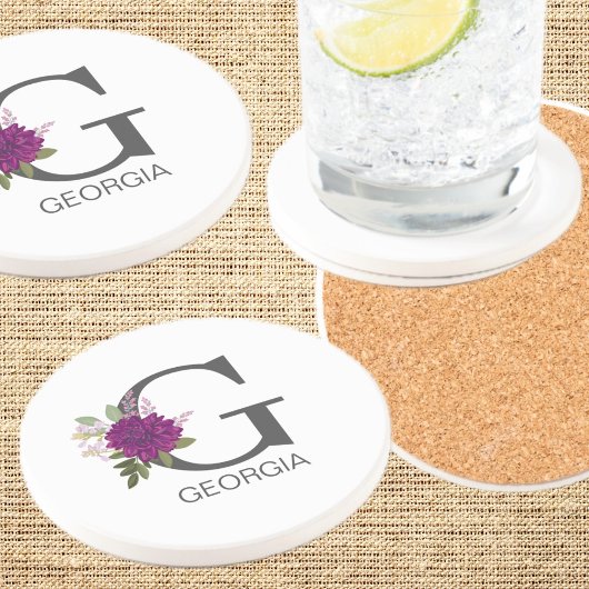 ワインレッドのダリアの花アルファベットイニシャル文字   コースター