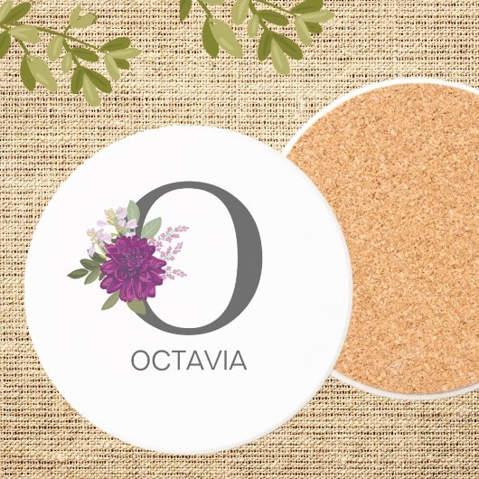 ワインレッドのダリアの花アルファベットイニシャル文字   コースター