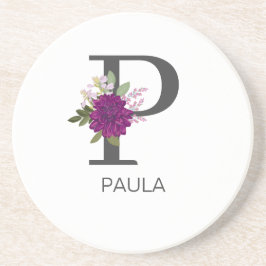 ワインレッドのダリアの花アルファベットイニシャル文字   コースター