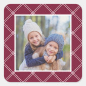 ワインレッドのチェック柄フレーム ホリデー フォト スクエアシール (正面)