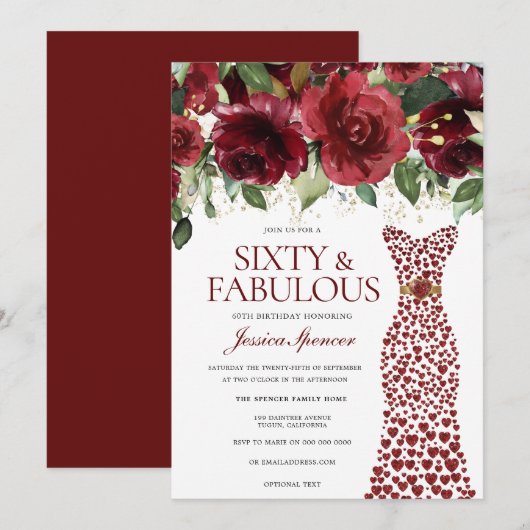 ワインレッドのドレス60歳 & ファビュラス 60歳の誕生日 招待状 (正面/裏面)