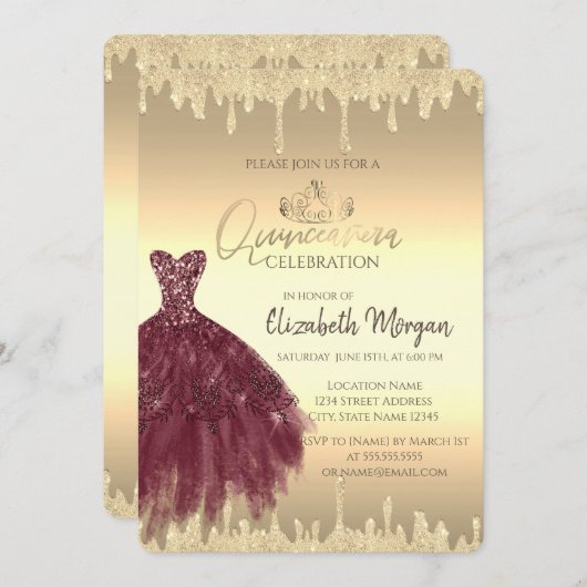 ワインレッドのドレス、グリッターが滴るゴールドのキンセアニエラ 招待状 (正面/裏面)