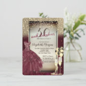 ワインレッドのドレス、風船、ゴールドの50歳の誕生日 招待状 (スタンド正面)