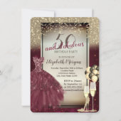ワインレッドのドレス、風船、ゴールドの50歳の誕生日 招待状 (正面)