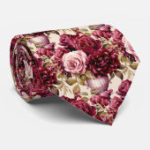 ワインレッドのバラが優しくピンクの水彩花 ネクタイ (ロール)