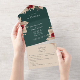 ワインレッドのバラとパンパスグラスが一つになった招待状 オールインワン招待状
