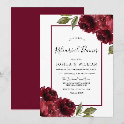 ワインレッドのバラ 現代のリハーサルディナー 招待状 (正面/裏面)
