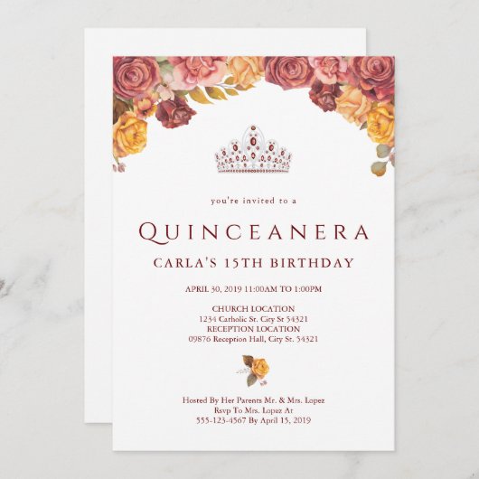 ワインレッドのバラ | 15歳の誕生日パーティー招待状 招待状 (正面/裏面)