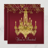ワインレッドのバーガンディ色のゴージャスなシャンデリアパーティー 招待状 (正面/裏面)