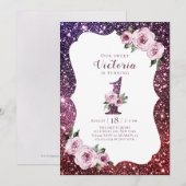 ワインレッドのパープルグリッターと花の1歳の誕生日 招待状 (正面/裏面)