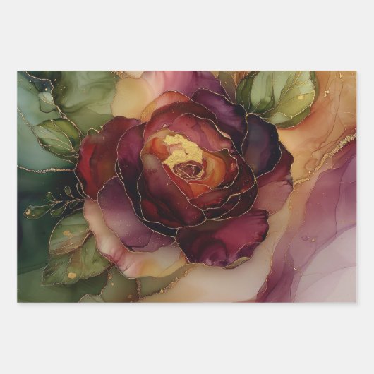 ワインレッドのピンクゴールドの花模様 ラッピングペーパーシート (正面2)