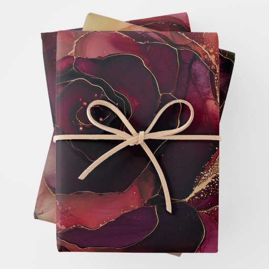 ワインレッドのピンクゴールドの花模様 ラッピングペーパーシート (インサイチュ)