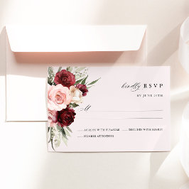 ワインレッドのブッシュピンクの花の結婚式の出欠確認カード 出欠カード