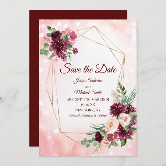 ワインレッドのボヘミアンワインレッドの水彩花柄のSave the Date 招待状 (正面/裏面)