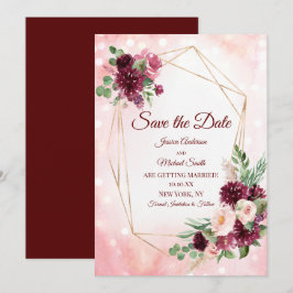 ワインレッドのボヘミアンワインレッドの水彩花柄のSave the Date 招待状