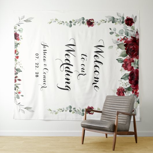 ワインレッドのユーカリのウェルカムボード　私たちの結婚式へようこそ タペストリー (インサイチュ(横))