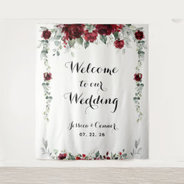 ワインレッドのユーカリのウェルカムボード　私たちの結婚式へようこそ タペストリー