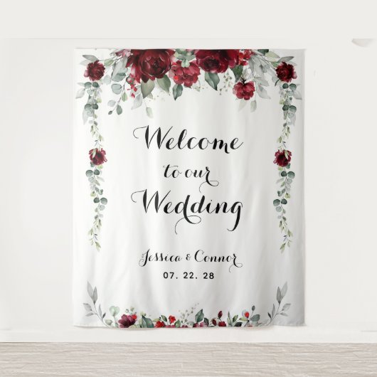 ワインレッドのユーカリのウェルカムボード　私たちの結婚式へようこそ タペストリー (正面)