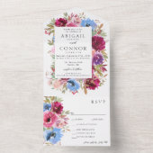 ワインレッドの優しいピンク 淡い青 上品な花模様 オールインワン招待状 (内側)