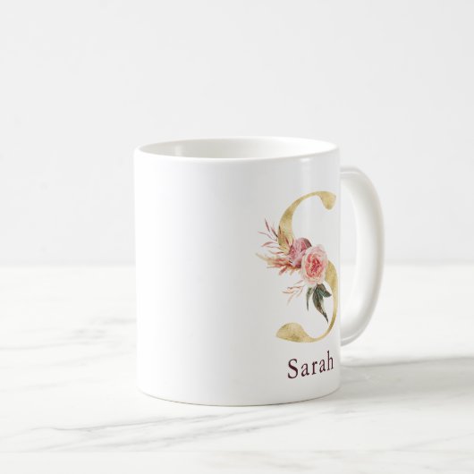 ワインレッドの名前とピンクの花のイニシャルS コーヒーマグカップ (正面右)