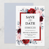 ワインレッドの塵っぽい青いスレートのSave the Date セーブザデート (正面/裏面)