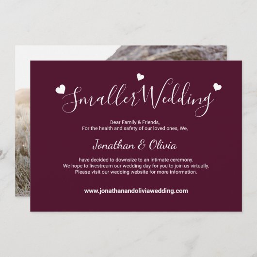 ワインレッドの小さな結婚式 フォト ダウンサイズ結婚式 案内状 (正面/裏面)