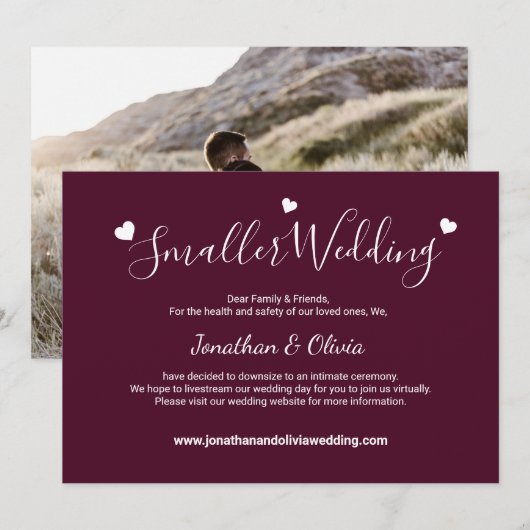 ワインレッドの小規模な結婚式 フォト ダウンサイズド ウェディング 案内状 (正面/裏面)