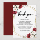 ワインレッドの幾何学模様 ウェディング サンクス プレイスクカード 招待状 (正面/裏面)