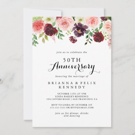 ワインレッドの春の花 50周年結婚記念日 招待状 (正面)