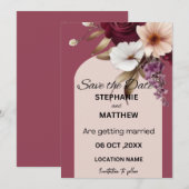 ワインレッドの水彩花柄のSave the Date 招待状 (正面/裏面)