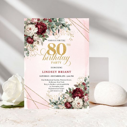 ワインレッドの深紅の花とゴールドの80歳の誕生日 招待状