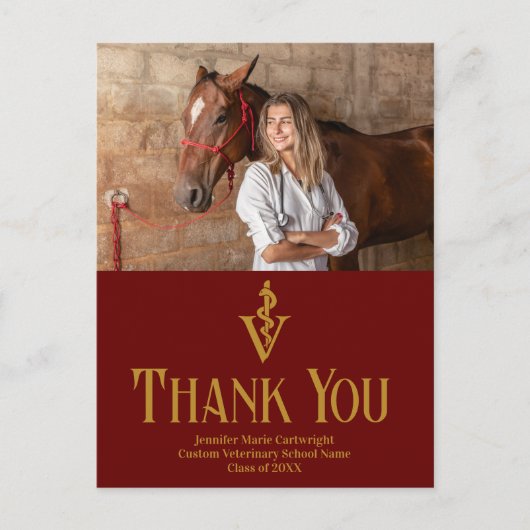 ワインレッドの獣医学校卒業生写真感謝メッセージ ポストカード (正面)
