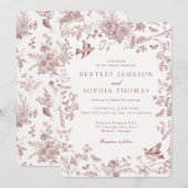 ワインレッドの秋のトワル ドゥ ジュイ ヴィンテージ フラワー ウェディング 招待状 (正面/裏面)