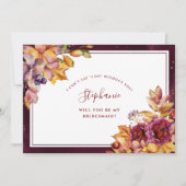 ワインレッドの秋の花模様の水彩画の葉のブライズメイド 招待状 (正面)