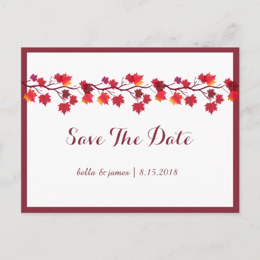 ワインレッドの秋の葉の結婚式 Save The Date カード (正面)