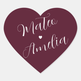 ワインレッドの結婚式のブライドとグルームの名前がハート型のステッカー ハートシール