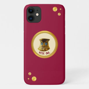 ワインレッドの背景に金色のフクロウと金色の紙吹雪 iPhone 11 ケース