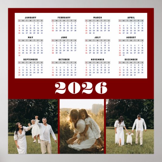 ワインレッドの背景の2026年カレンダー ポスター (正面)