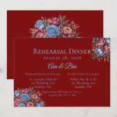ワインレッドの芍薬と青いバラの リハーサルディナー 招待状 (正面/裏面)