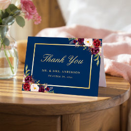 ワインレッドの芍薬の花のゴールド ネイビーブルー感謝カード サンキューカード