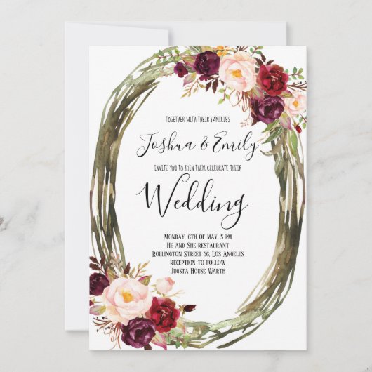 ワインレッドの芍薬の花をあしらったウェディング招待状 招待状 (正面)
