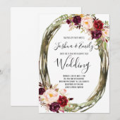 ワインレッドの芍薬の花をあしらったウェディング招待状 招待状 (正面/裏面)