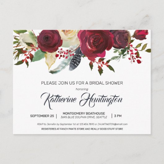 ワインレッドの花々が咲き誇るウェディングシャワーの招待状 ポストカード (正面)