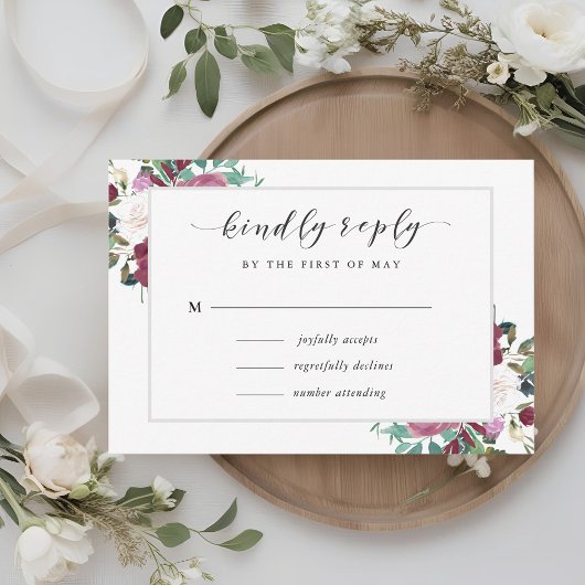ワインレッドの花が咲く ウェディング出欠確認カード 出欠カード