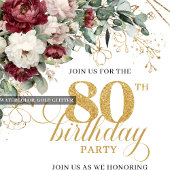 ワインレッドの花とグリーンにゴールドのアクセント 80歳の誕生日お祝いギフト 招待状