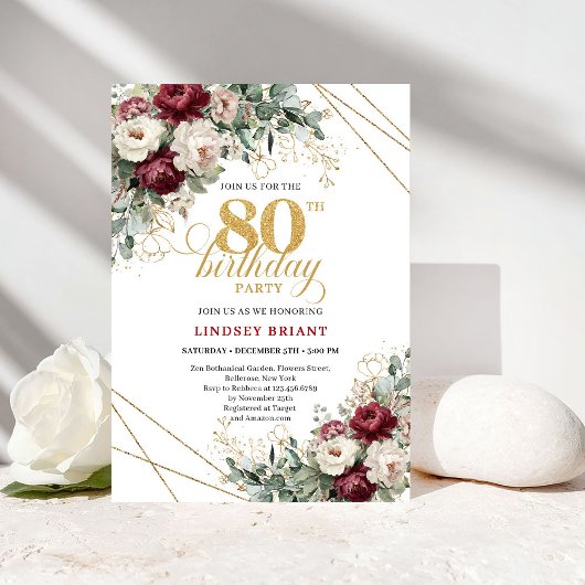 ワインレッドの花とグリーンにゴールドのアクセント 80歳の誕生日お祝いギフト 招待状