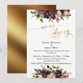 ワインレッドの花とゴールドのエレガントなデザイン　私たちは秘密の結婚式を挙げます 招待状